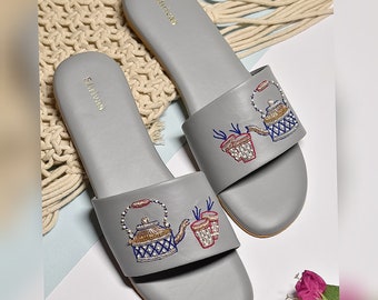 Ethnic Indian Women Handmade footwear Organic gray vegan leather Slip ons Flats Flip flops with Zardozi Embroidery  and Threadwork Gift for