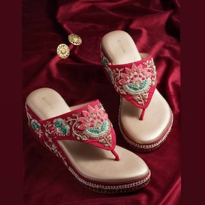 Ethnic Indian Women Velvet / suede/Synthetic Pink Wedges Shoe with Embroidery Pink Wedding wedges Bridal Shoes Wedges Heels  Zardozi art