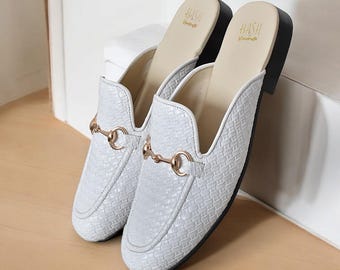 Vita vävda veganska lädermuffar för män, handgjorda loafers