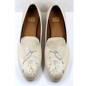 Men's Handmade Cream Embroidered Loafers, Indian Groom Shoes image 5