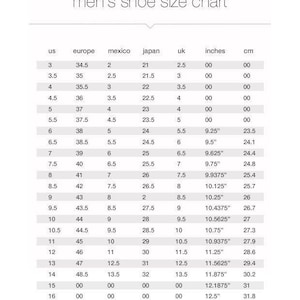 May include: A shoe size conversion chart for men, showing US, European, Mexican, Japanese, UK, inch, and centimeter measurements.