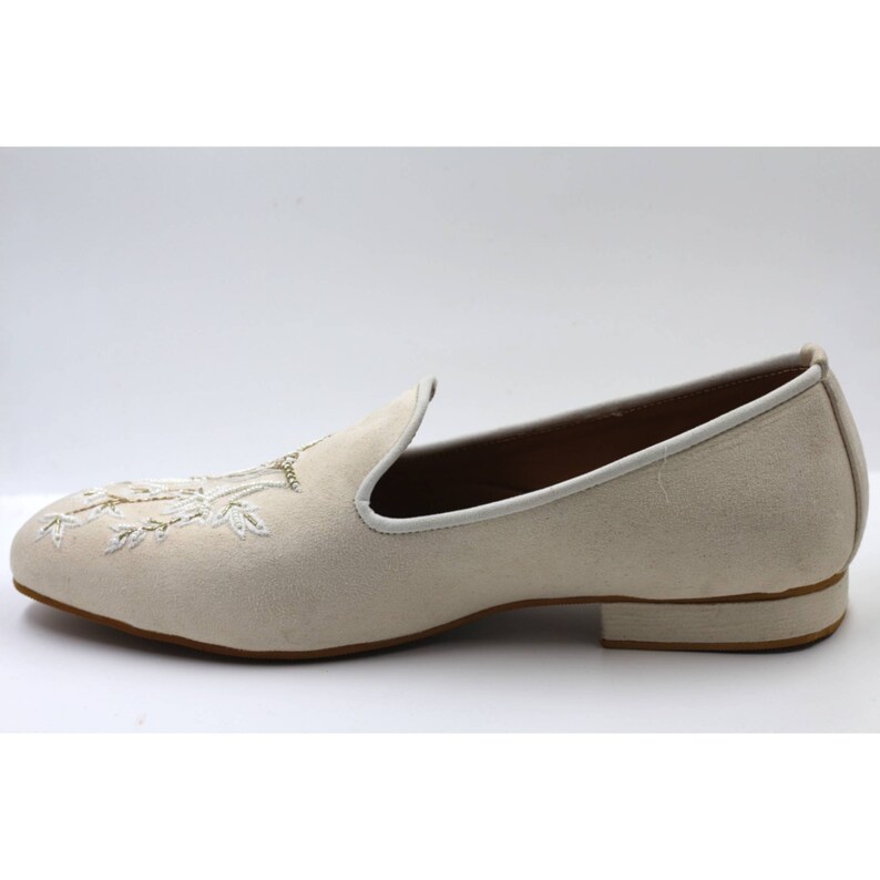 Men's Handmade Cream Embroidered Loafers, Indian Groom Shoes image 4