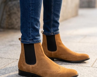 Handmade Suede Leather Chelsea Boots: Men's Wingtip Ankle Boots