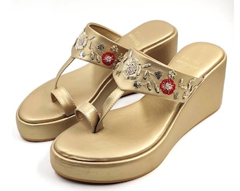 Gold Wedge Heel Gold Embroidered Wedge Vegan Leather Wedges
