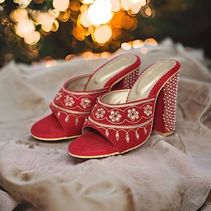 Red velvet women hand embroidered high heel Women wedding heels Indian ethnic heels Bridal heels Embroidered wedding pumps