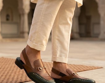 Handgjorda tvåfärgade slingback-loafers för män, veganska läderskor med Horsebit-motiv
