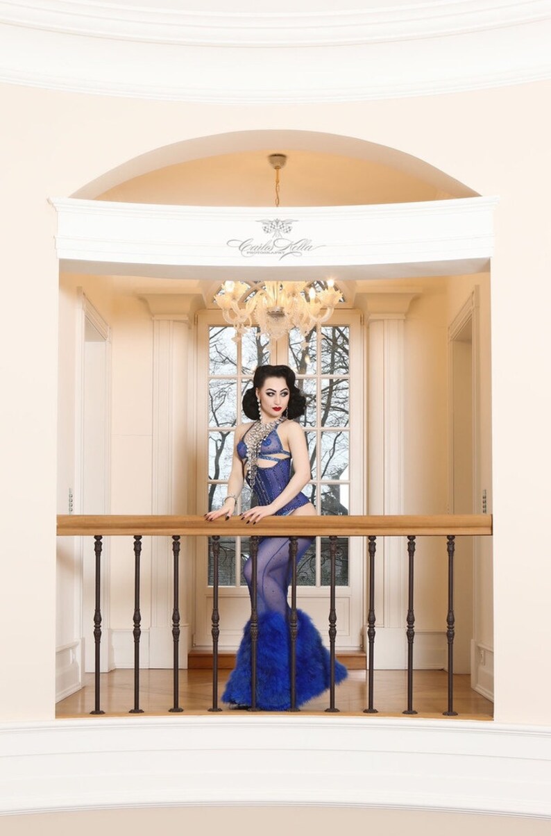 Blue corset in glass rhinestones for Burlesque shows.