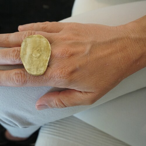 Brass signet ring for women , uniquely designed hammered shops ring with a rough look and an impressive presence with stamp shape and ethnic look