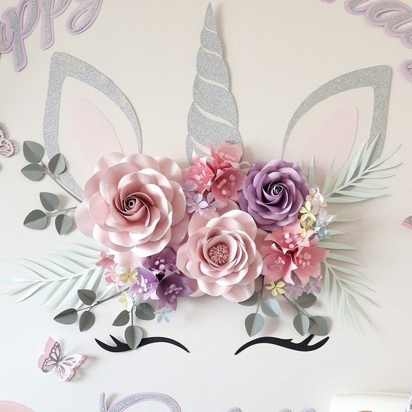 First Birthday backdrop: unicorn, crown, high chair banner. Floral unicorn with little princess birthday party theme. Paper flowers unicorn