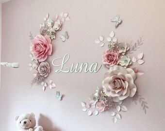 Rosa beige Papierblumen Wanddekor für Baby Mädchen Kinderzimmer | Große Papierblume Wandkunst für Baby Mädchen Kinderzimmer | Tapete Blumen-Set
