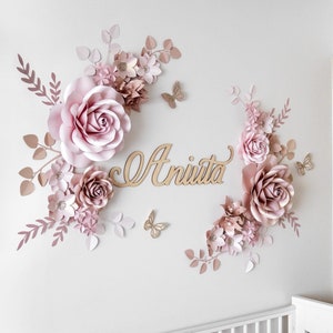 Blush Rose Gold paper flowers wall decor for baby girl nursery | Paper flower wall decor | Girls Nursery wall decor | Paper flowers backdrop