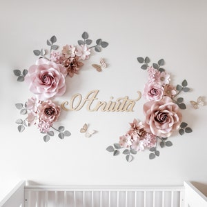 Large paper flowers wall art for girl nursery decor| Paper flowers art with name sign for baby shower | Nursery wall art |