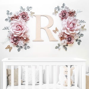 Paper flowers wall decor for baby girl nursery. Large Paper flowers wall decoration for girls bedroom. Paper flowers with wooden name sign.