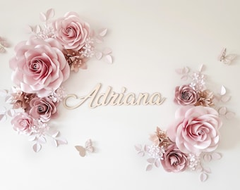 Large paper flowers wall decor for nursery, girl's room. Blush paper flowers backdrop for baby room + personalized wooden name sign.