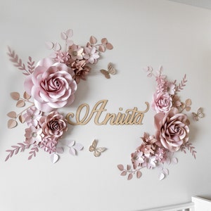 Blush Rose Gold paper flowers wall decor for baby girl nursery | Paper flower wall decor | Girls Nursery wall decor | Paper flowers backdrop