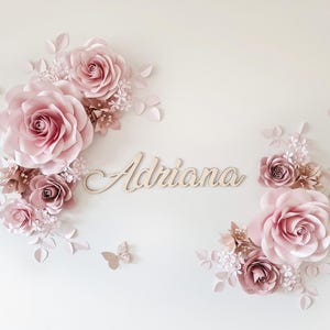 Large paper flowers wall decor for nursery, girl&#39;s room. Blush Paper flowers backdrop for baby girl room with personalized wooden name sign.