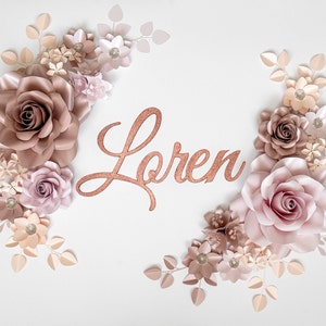 Rosa Papierblumen-Wanddekor für Baby-Mädchen-Kinderzimmer, Papierblumen-Wanddekor mit Glitter Gold Rose-Holz-Namensschild