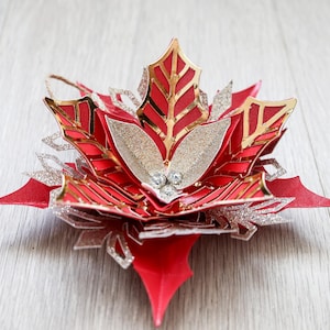 3 Glitter red Christmas Poinsettia flowers for Christmas tree. Poinsettia Christmas ornaments. Poinsettia flowers set.