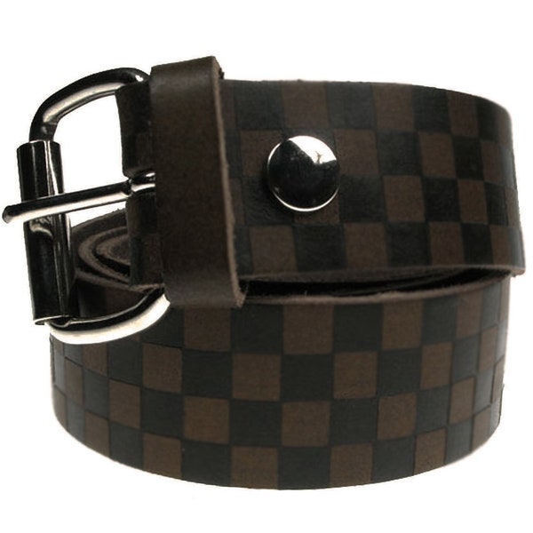 Checkered, Real Leather Brown Belt 1.5 inch/38mm, Sizes - S, M, L, XL (Interchangeable Buckle)