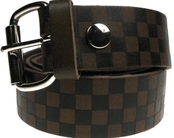 Checkered, Real Leather Brown Belt 1.5 inch/38mm, Sizes - S, M, L, XL (Interchangeable Buckle)