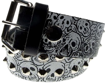 Horror Skulls Schwarzer Nietengürtel, 2-reihig konisch, schwarzer Echtledergürtel 1,5 Zoll/38 mm, Größen – S, M, L, XL (austauschbare Schnalle)