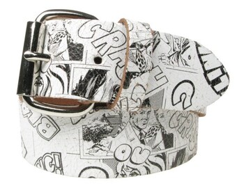 Comic Book Style Real Leather White Belt 1.5 inch/38mm, Sizes - S, M, L, XL (Interchangeable Buckle)