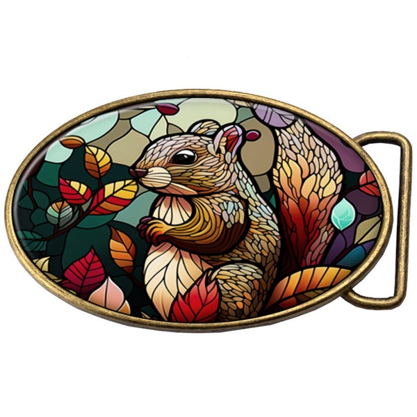 Squirrel in Autumn, Stained Window Effect - Belt Buckle