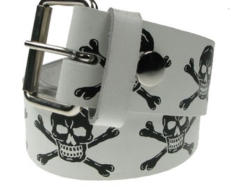 Skull & Crossbones, Real Leather White Belt 1.5 inch/38mm, Sizes - S, M, L, XL (Interchangeable Buckle)