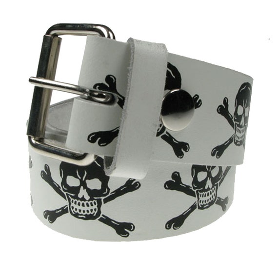 Skull & Crossbones, Real Leather White Belt 1.5 Inch/38mm Skull & Crossbones, Real Leather White Belt 1.5 Inch/38mm