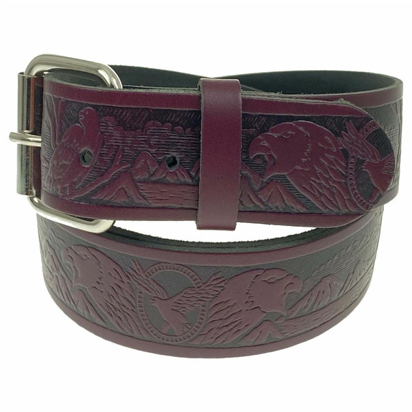 Eagle Embossed Belt, Real Leather Burgundy Belt 1.5 inch/38mm, Sizes - S, M, L, XL (Interchangeable Buckle)