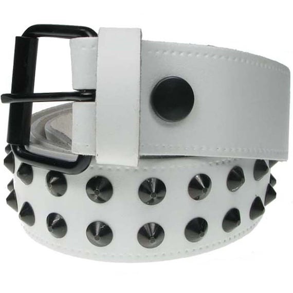 Punk White Studded Belt, 2 Row Black Conicals, Real Leather