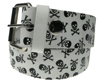 Multiple Skull & Crossbones Real Leather White Belt 1.5 inch/38mm, Sizes - S, M, L, XL (Interchangeable Buckle)