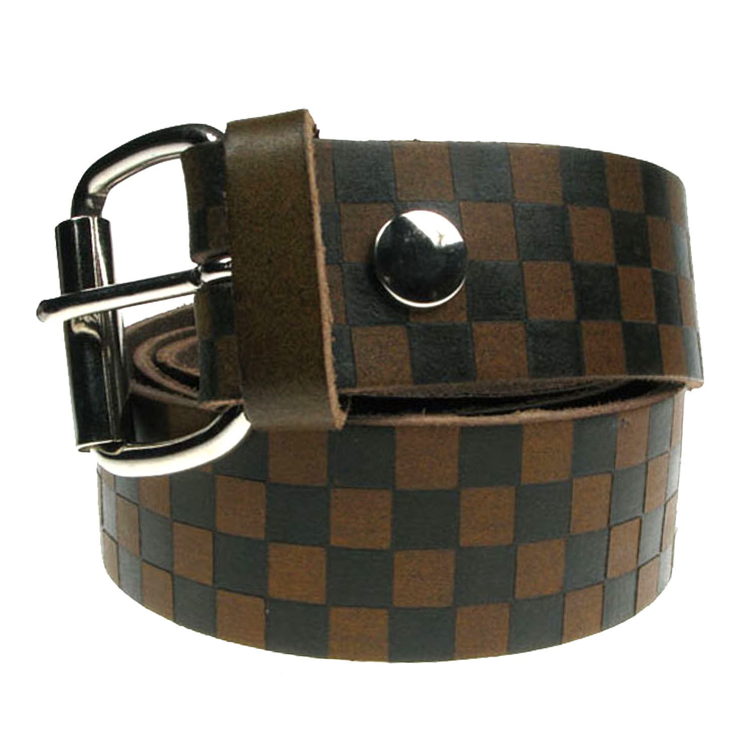 Checkered, Real Leather Brown Belt 1.5 inch/38mm, Sizes - S, M, L, XL (Interchangeable Buckle)