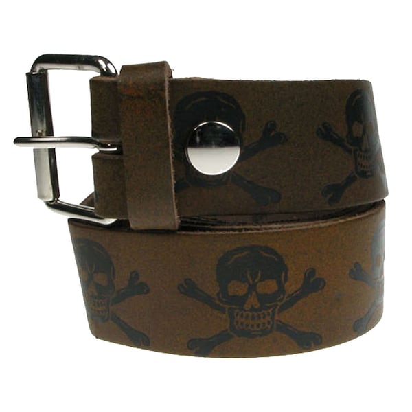 Tête de mort et os croisés, ceinture marron en cuir véritable 38 mm/1,5 po., tailles - S, M, L, XL (boucle interchangeable)