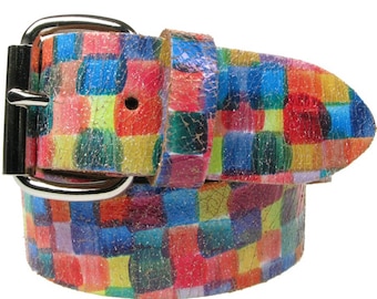 Rainbow Square Style Real Leather White Belt 1.5 inch/38mm, Sizes - S, M, L, XL (Interchangeable Buckle)