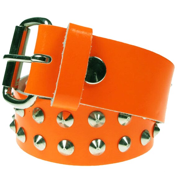 Punk Bright Orange Studded Belt, 2 Row Conical, Real Leather Belt