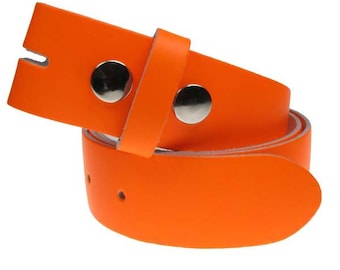 Snap On Interchangeable Real Leather Fluorescent Orange Belt 1.5 inch/38mm, Sizes - S, M, L, XL, XXL, XXXL (No Buckle)