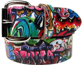 Graffiti Style Real Leather Belt 1.5 inch/38mm, Sizes - S, M, L, XL (Interchangeable Buckle)