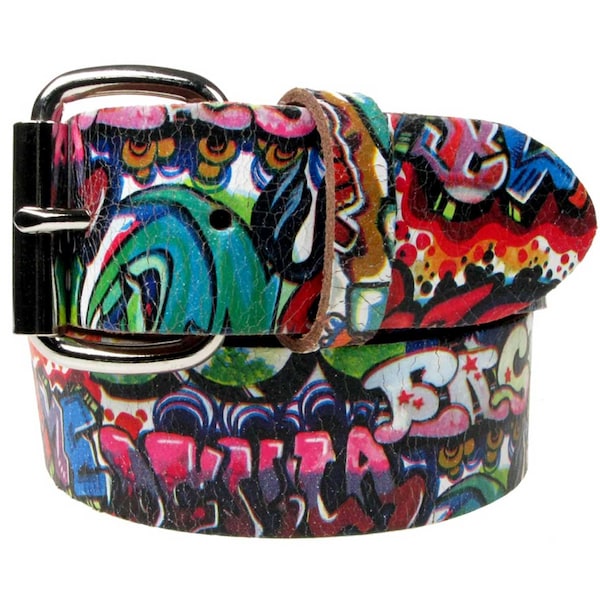 Graffiti Style Real Leather Belt 1.5 inch/38mm, Sizes - S, M, L, XL (Interchangeable Buckle)