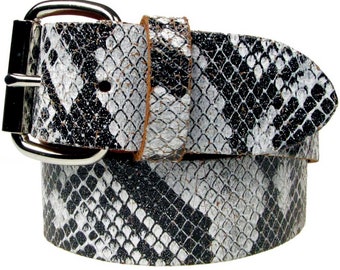 Weiß & Schwarz Schlangenleder Stil Echt Leder Gürtel 1,5 Zoll / 38mm, Größen - S, M, L, XL (Auswechselbare Schnalle)