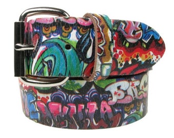 Graffiti Style Real Leather Belt 1.5 inch/38mm, Sizes - S, M, L, XL (Interchangeable Buckle)