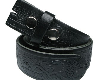 Snap On Interchangeable Eagle Embossed Real Leather Black Belt 1.5 inch/38mm, Sizes - S, M, L, XL, XXL, XXXL (No Buckle)