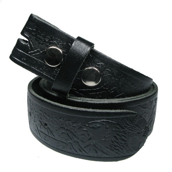 Snap On Interchangeable Eagle Embossed Real Leather Black Belt 1.5 inch/38mm, Sizes - S, M, L, XL, XXL, XXXL (No Buckle)