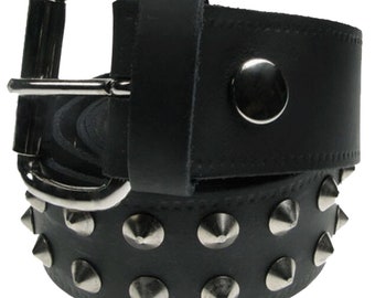 Punk Black Studded Belt, 2 Row Conical, Real Leather Black Belt 1.5 inch/38mm, Sizes - S, M, L, XL (Interchangeable Buckle)