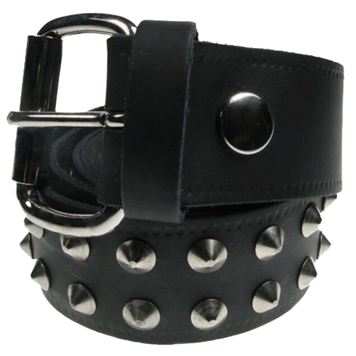 thumbnail interactive-video image 1 of 2-Row Metal Studded Punk Rock Biker Belt – Black Genuine Leather – Unisex 1 of 5