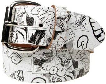 Comic Book Style Real Leather White Belt 1.5 inch/38mm, Sizes - S, M, L, XL (Interchangeable Buckle)