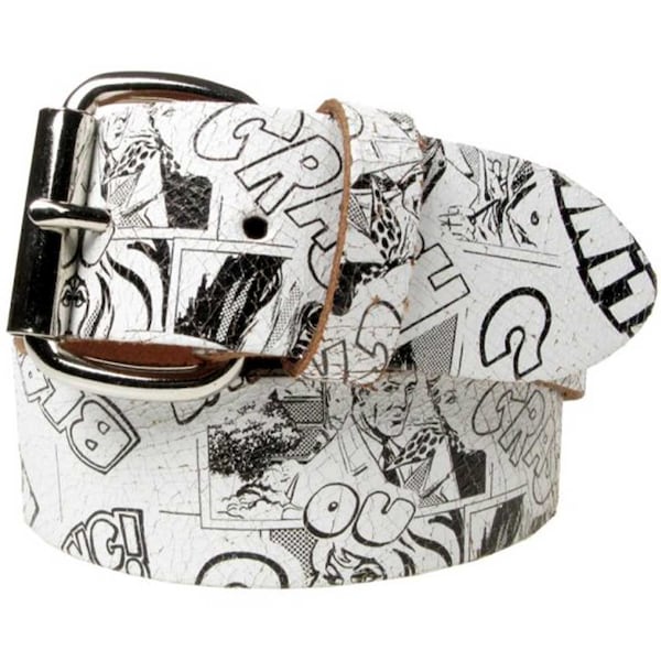 Comic Book Style Real Leather White Belt 1.5 inch/38mm, Sizes - S, M, L, XL (Interchangeable Buckle)