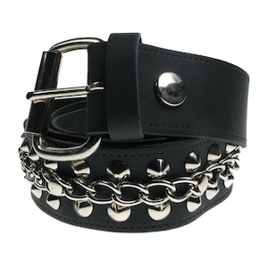 2 Row Conical With Chain Through Middle, Real Leather Black Belt 1.5 inch/38mm, Sizes - S, M, L, XL (Interchangeable Buckle)