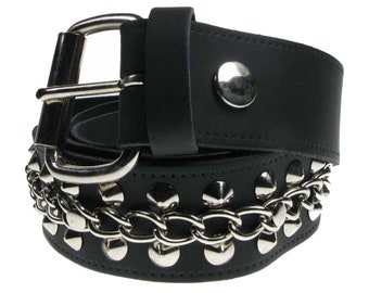 2 rangs coniques avec chaîne passant au milieu, ceinture en cuir véritable noir 38 mm 1,5 po., tailles - S, M, L, XL (boucle interchangeable)