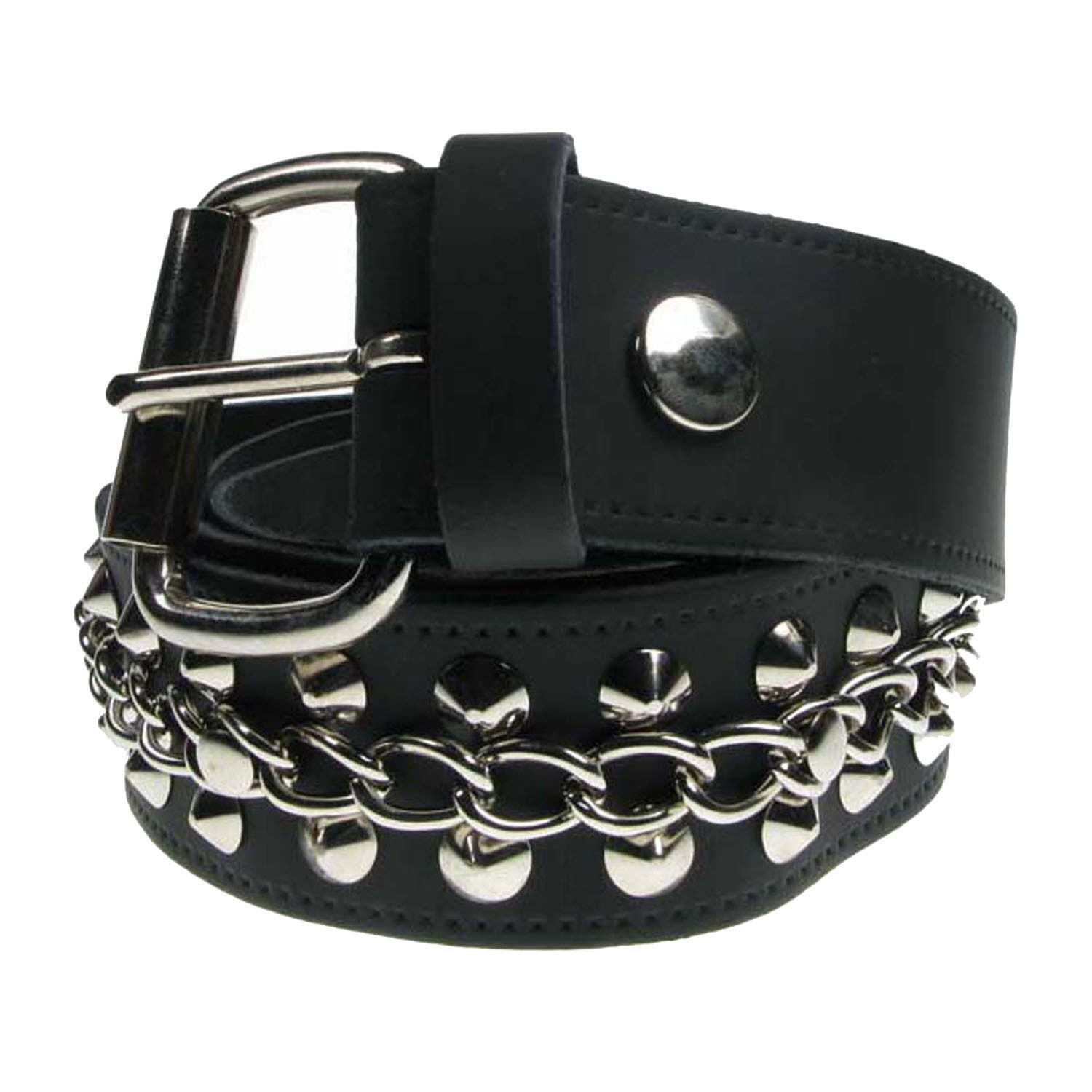 2 Row Conical With Chain Through Middle, Real Leather Black Belt 1.5 ...